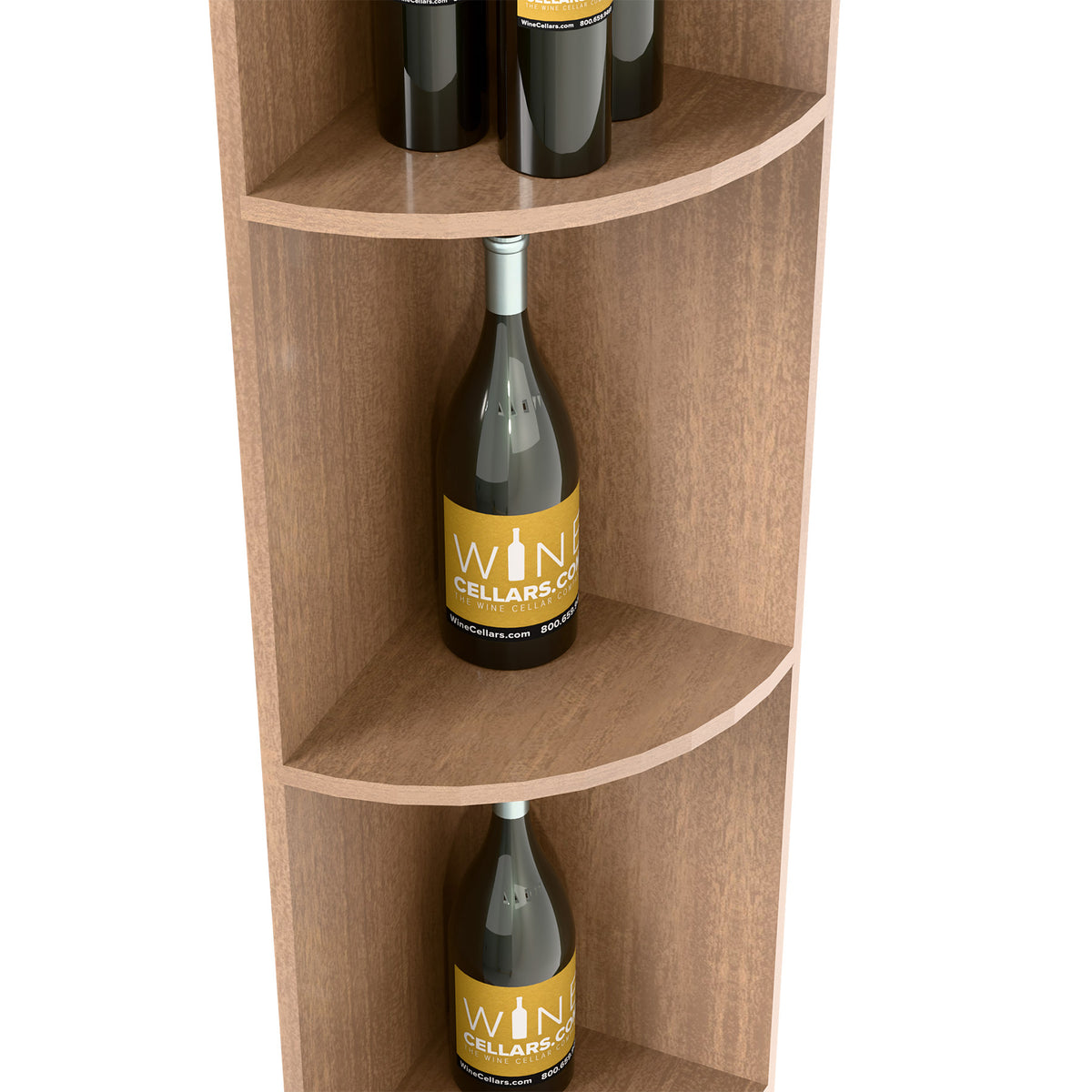 Light wood quarter-round wine shelf close-up with bottle on curved upper shelf
