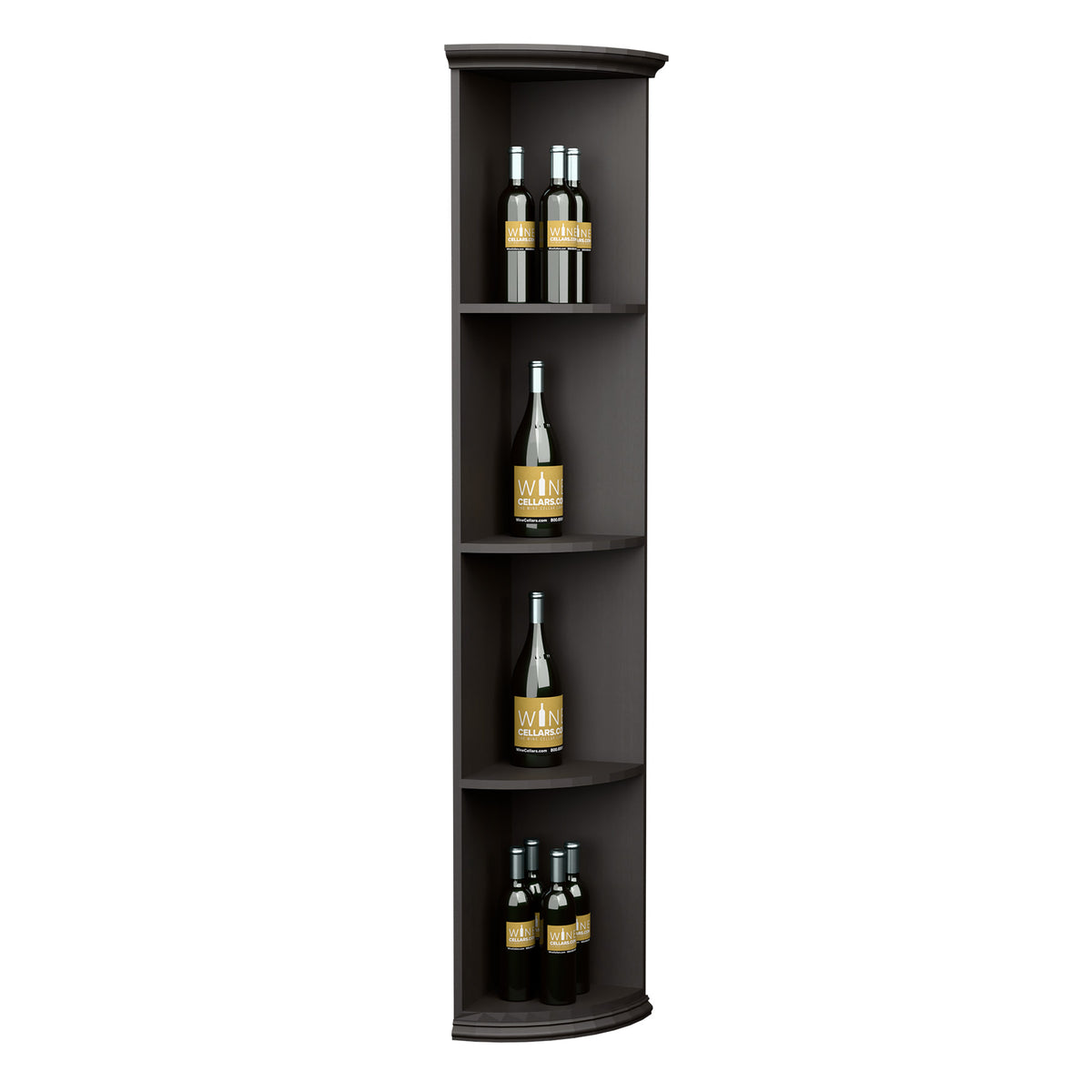 Dark finish quarter-round wine shelf with round base and three curved bottle shelves
