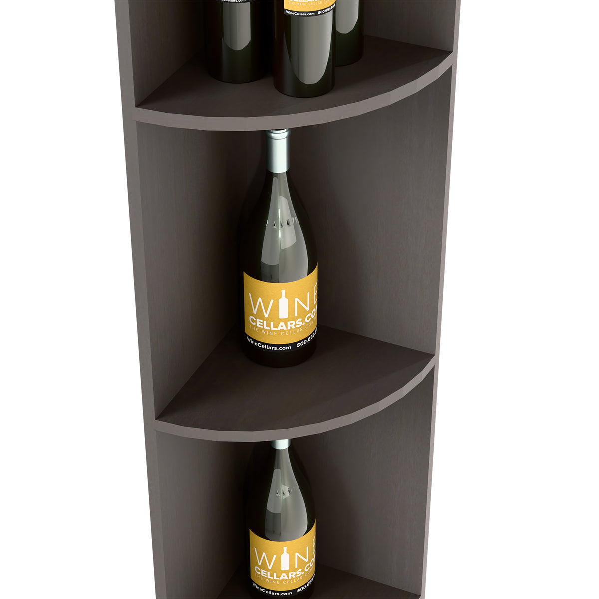 Dark quarter-round wine shelf close-up, curved compartment with wine bottle