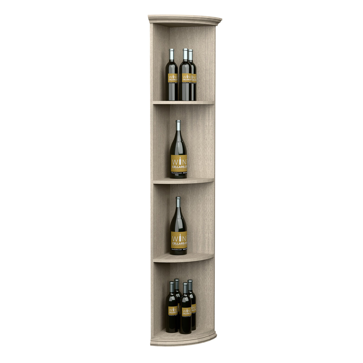 Quarter-round wooden wine rack with round base and 4 bottle slots, whitewashed finish