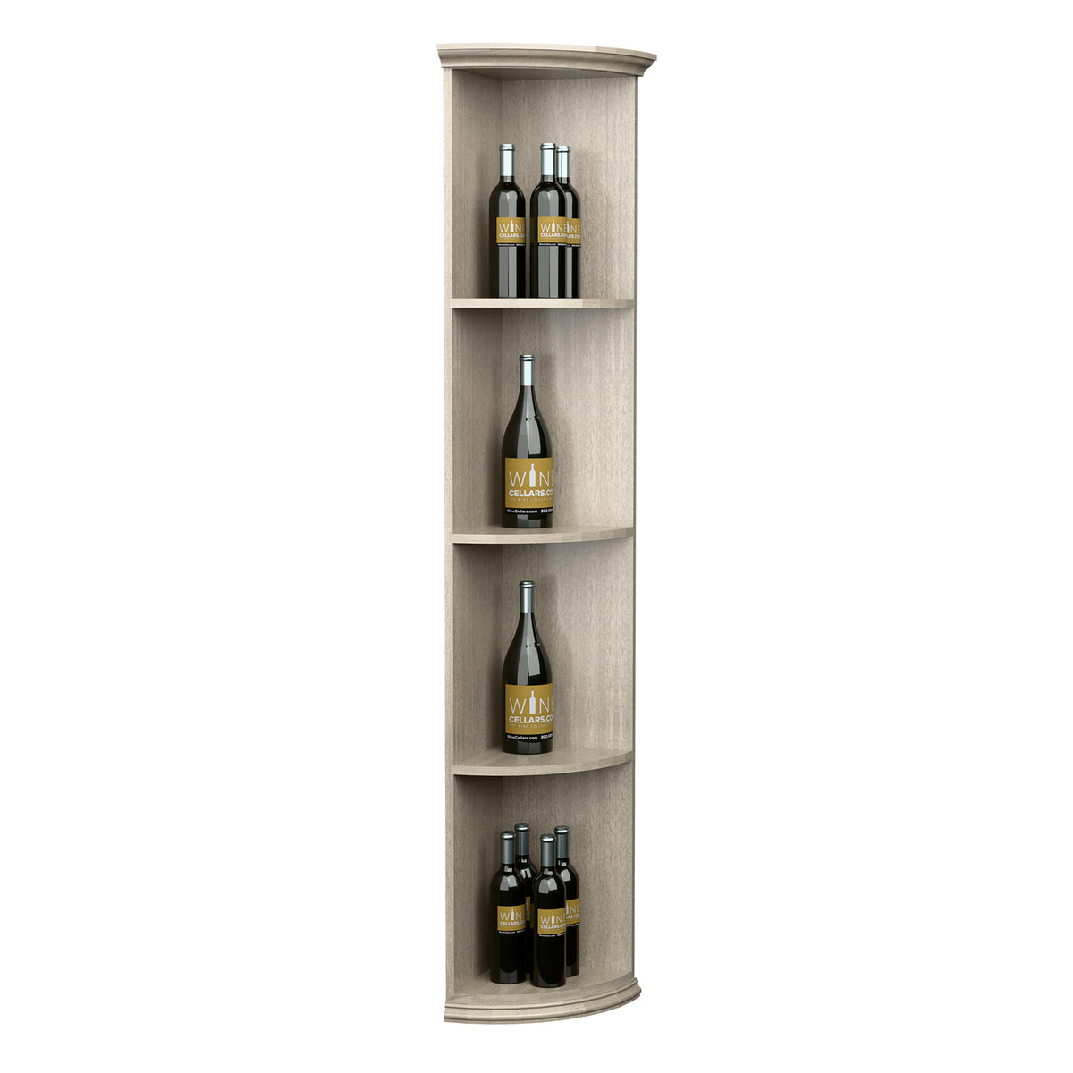 Tall quarter-round wooden wine rack with round base and curved shelves, whitewashed