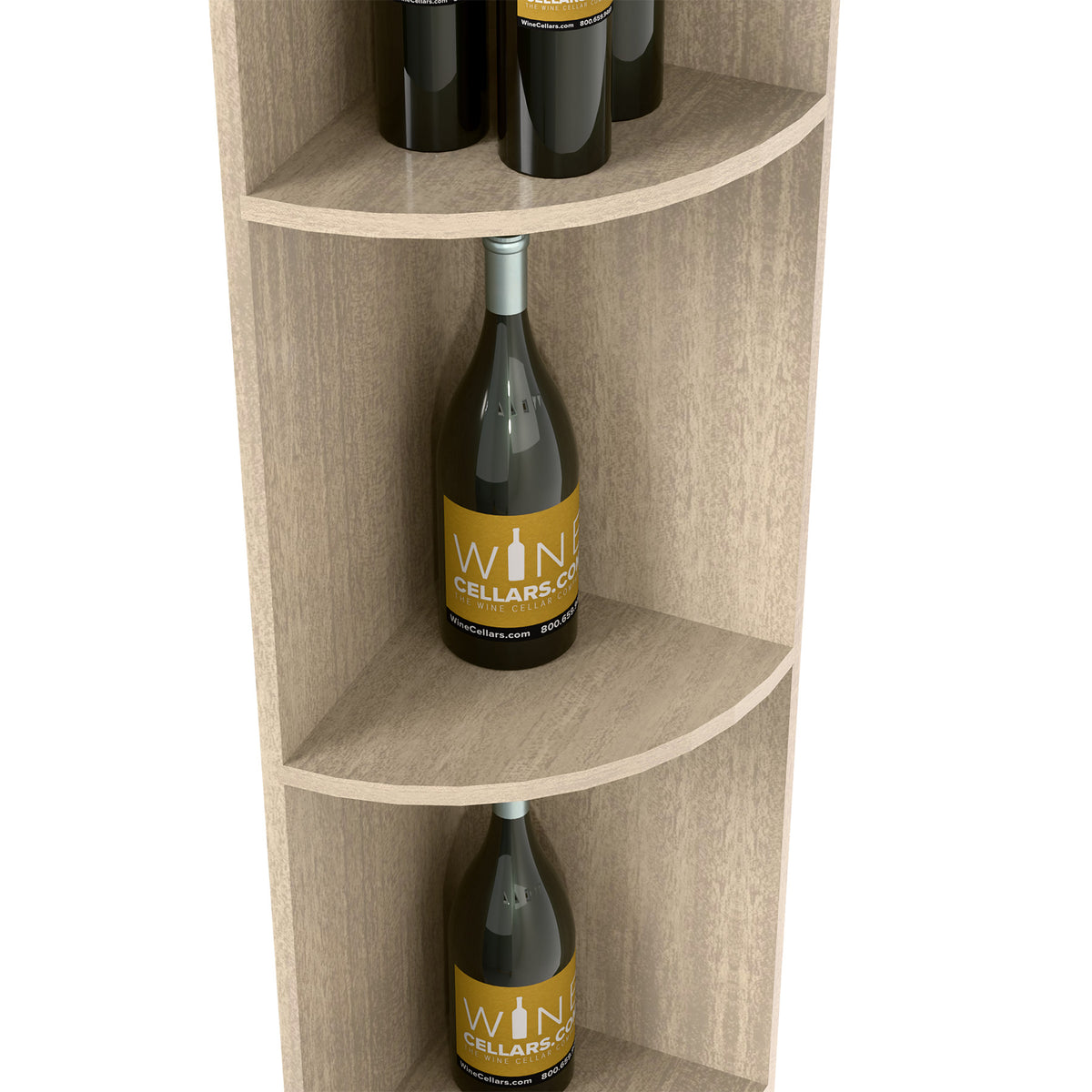 Quarter-round wine rack close-up with curved tiers and bottle display, whitewashed wood