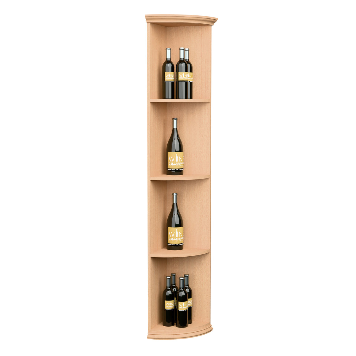 Quarter-round wooden wine rack with round base and curved shelves, light natural finish