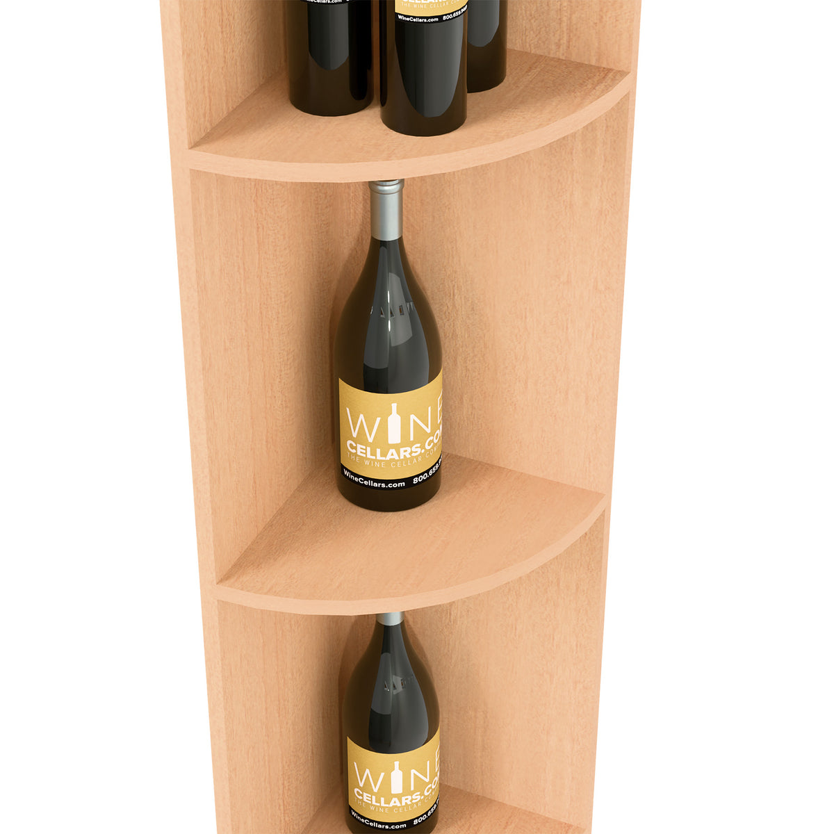 Close-up of light natural quarter-round wine rack with curved shelves and bottles