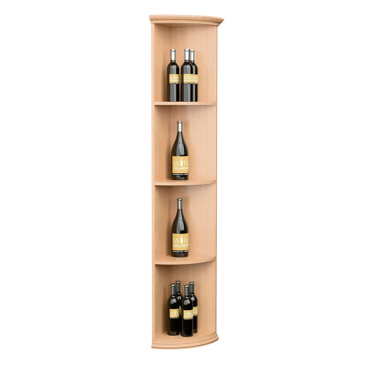 Tall quarter-round wooden wine rack with round base, curved shelves, light natural finish
