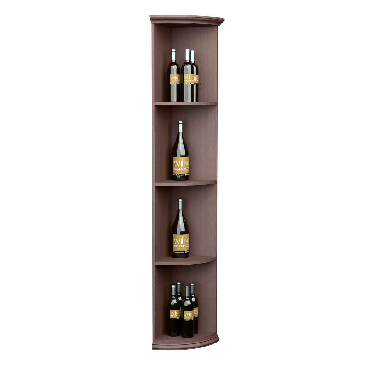 Quarter-round wooden wine rack with round base and curved shelves, dark brown finish