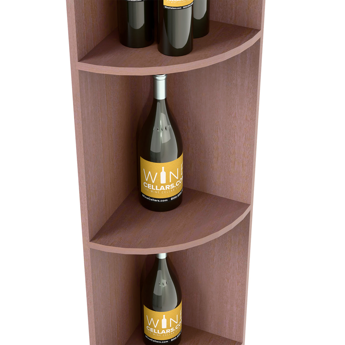 Close-up of dark brown quarter-round wine rack shelves with bottles in curved tiers