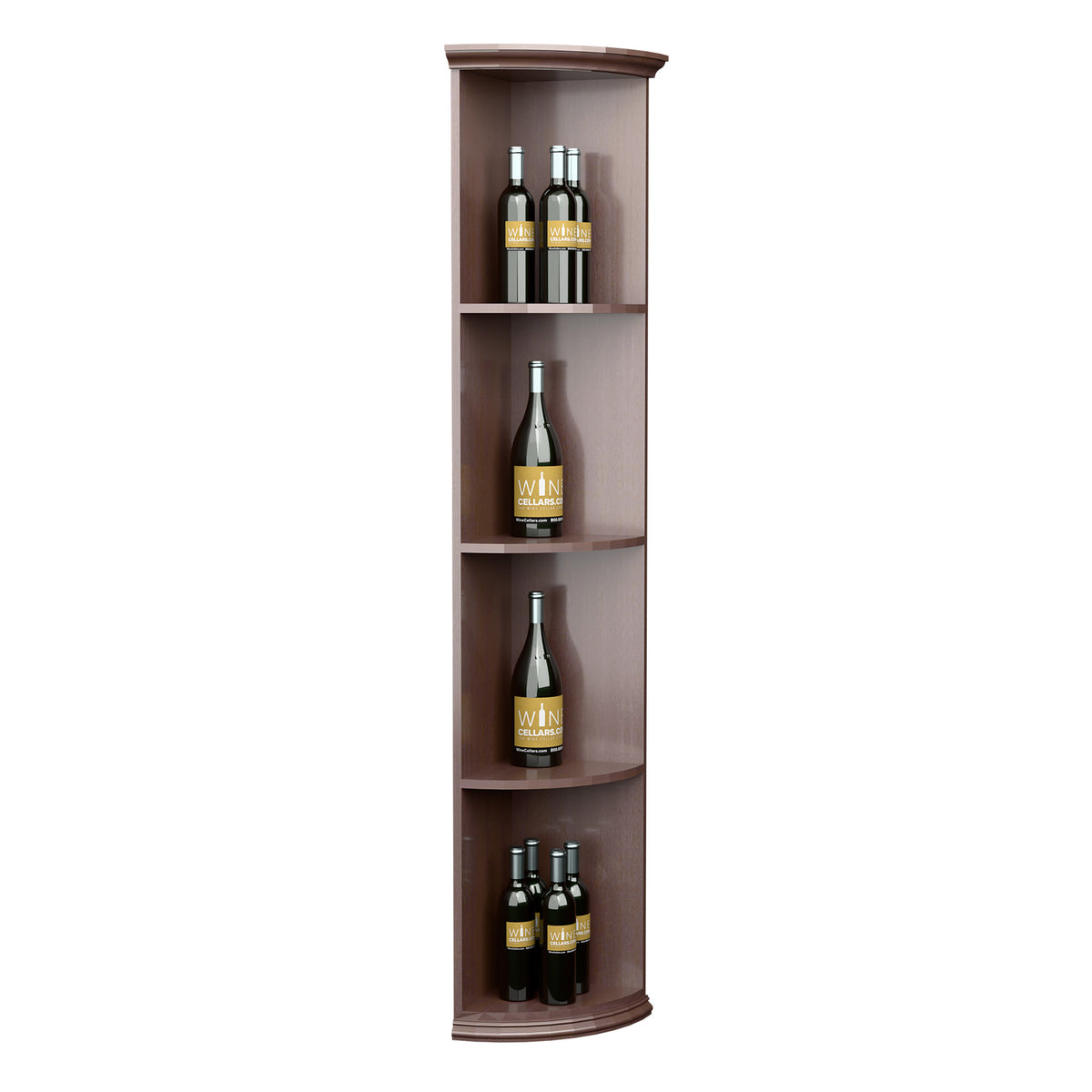 Dark wood quarter-round wine shelf with round base and four curved bottle shelves