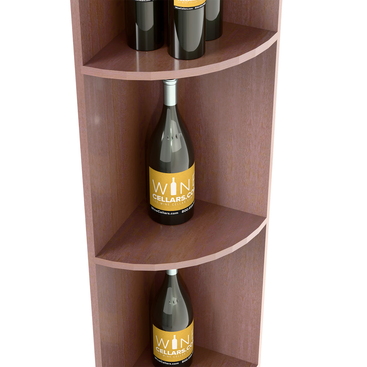 Dark wood quarter-round wine shelf close-up with curved cubby shelves for bottles