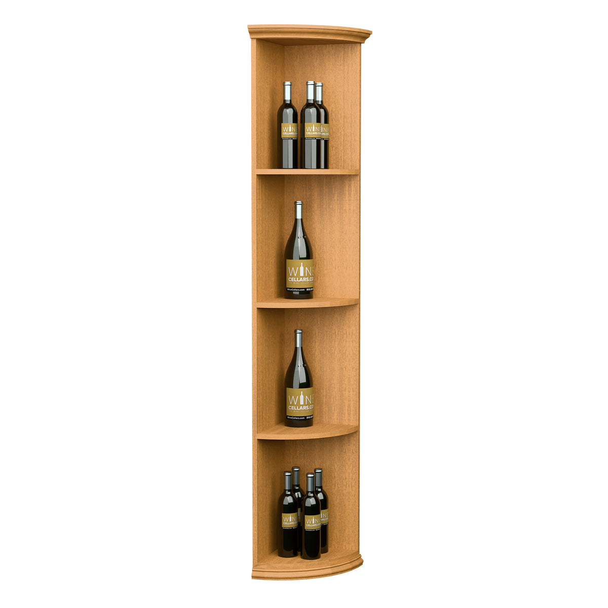 Light wood quarter-round wine shelf with round base and four curved bottle shelves