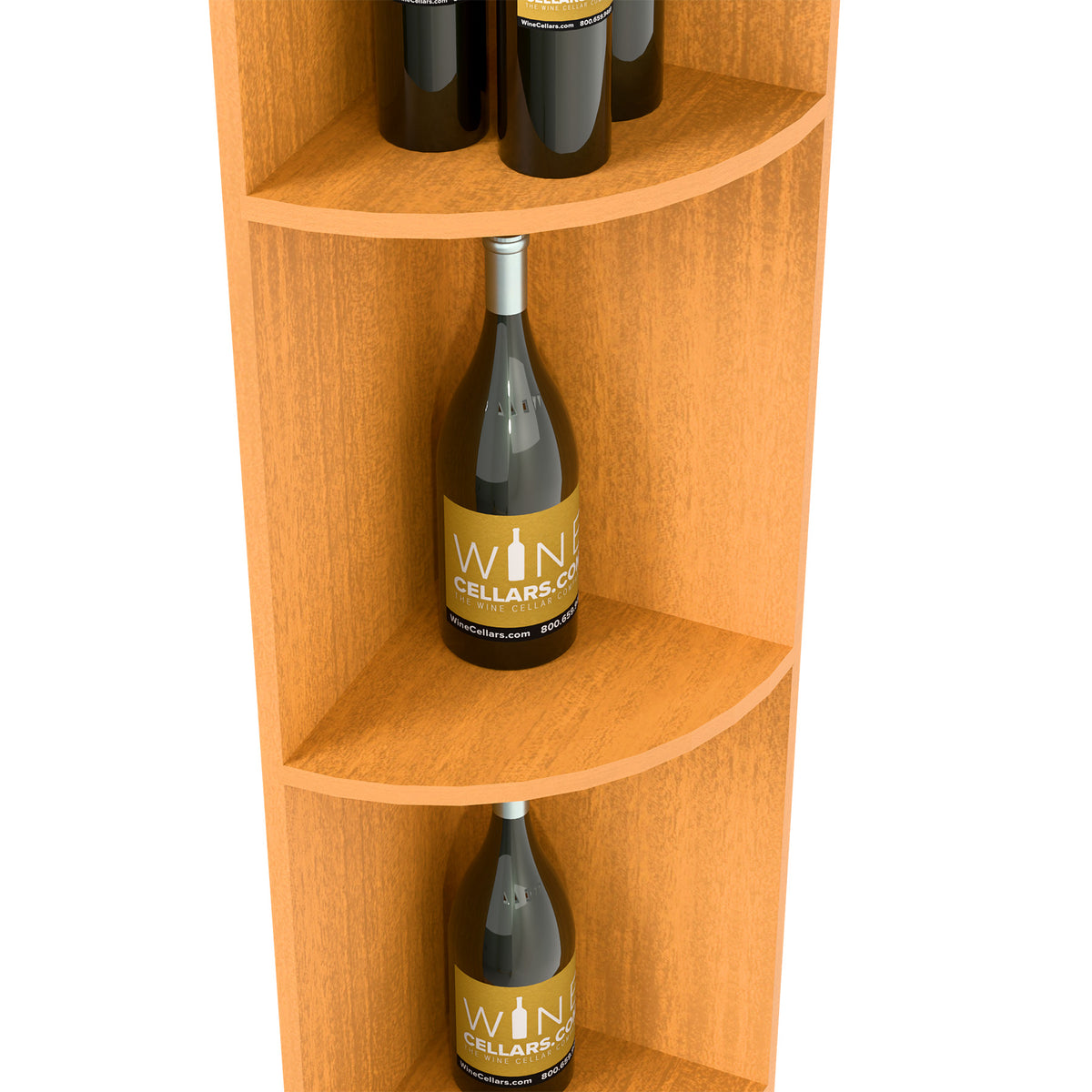 Light wood quarter-round wine shelf close-up showing curved bottle cubbies