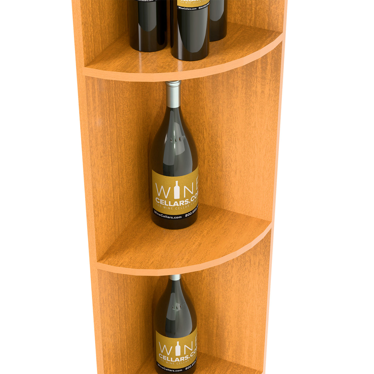 Light wood quarter-round wine shelf close-up with curved shelves for wine bottles