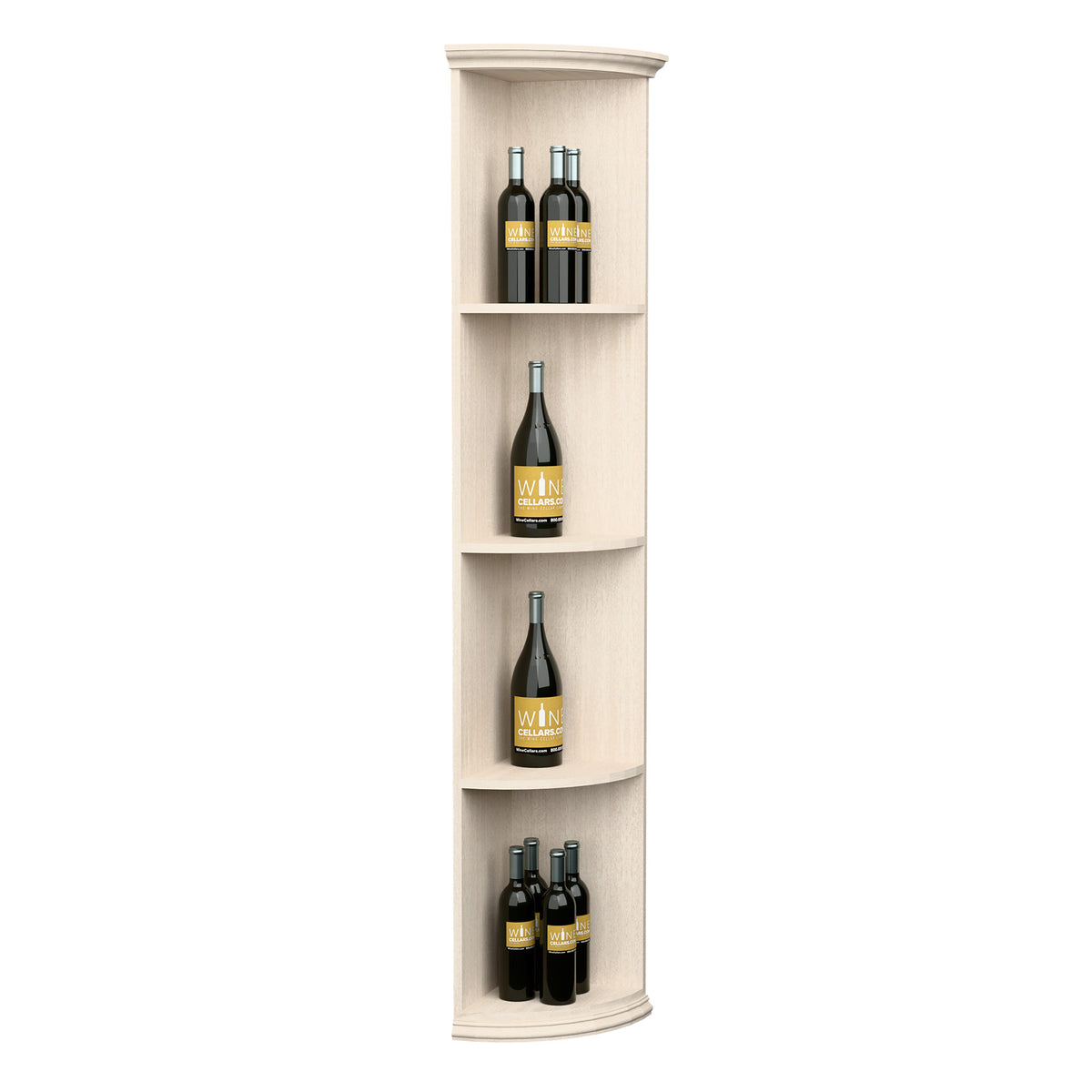 White quarter-round wine shelf with round base and four curved bottle shelves