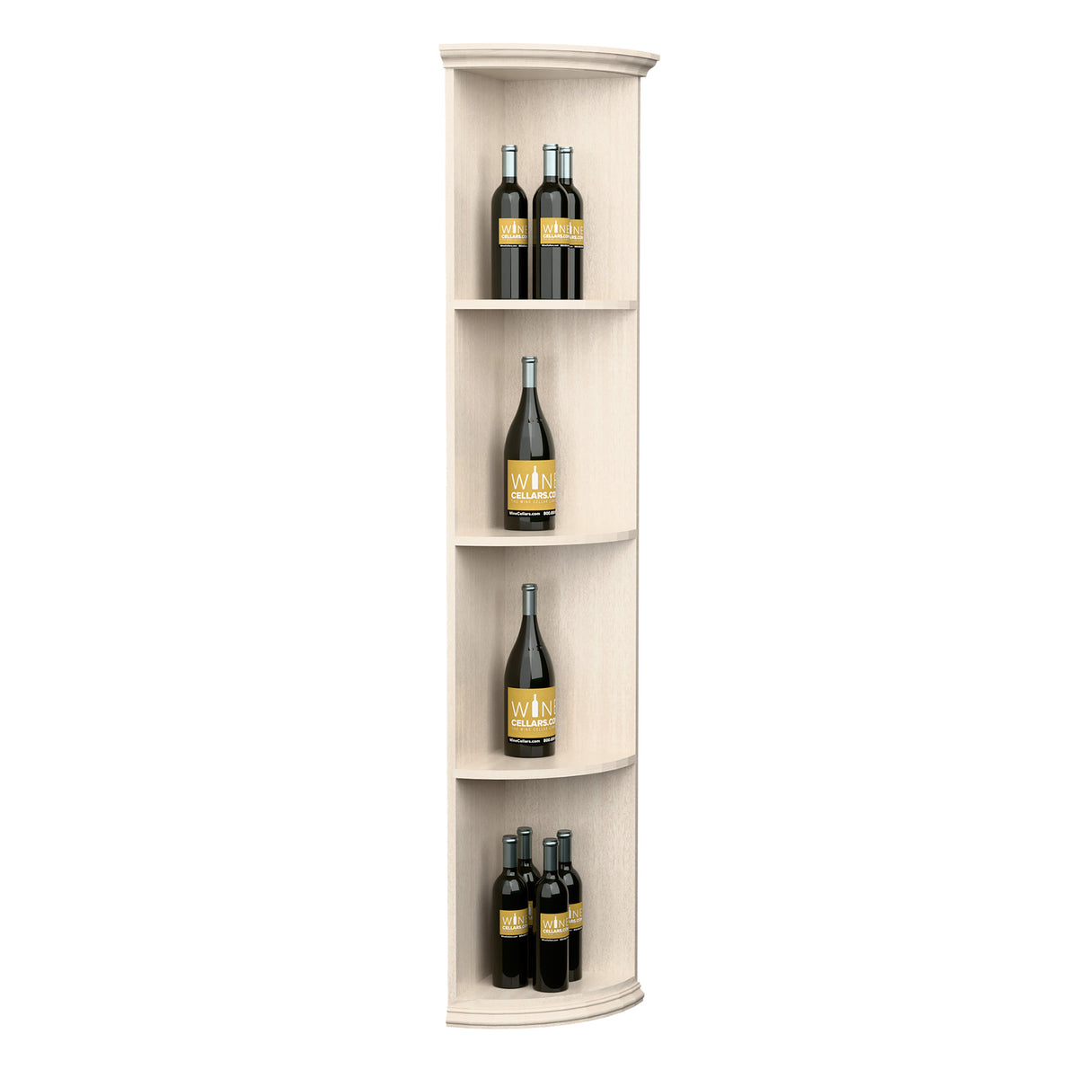 White quarter-round wine shelf with round base and four curved bottle shelves
