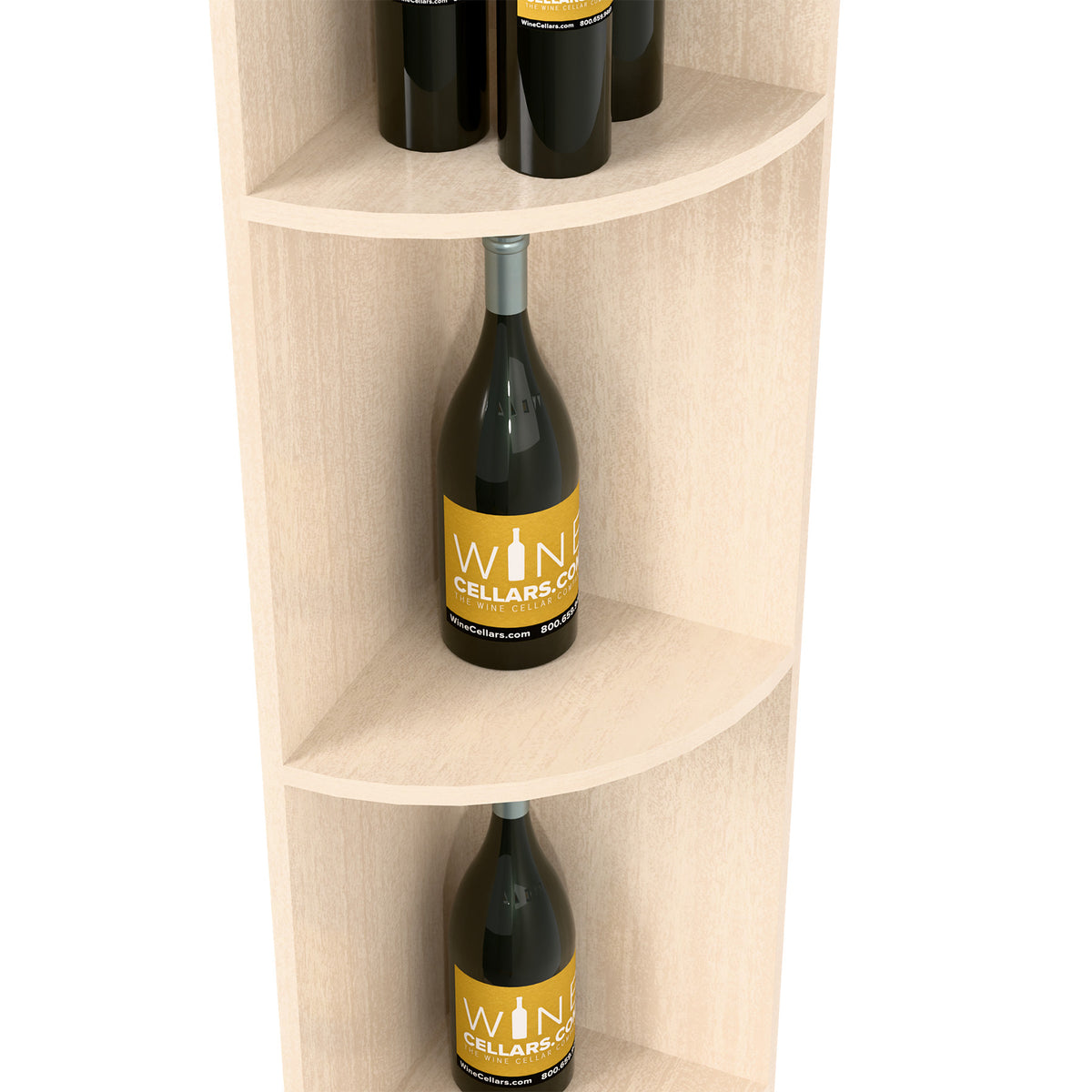 White quarter-round wine shelf close-up with curved shelves for wine bottles