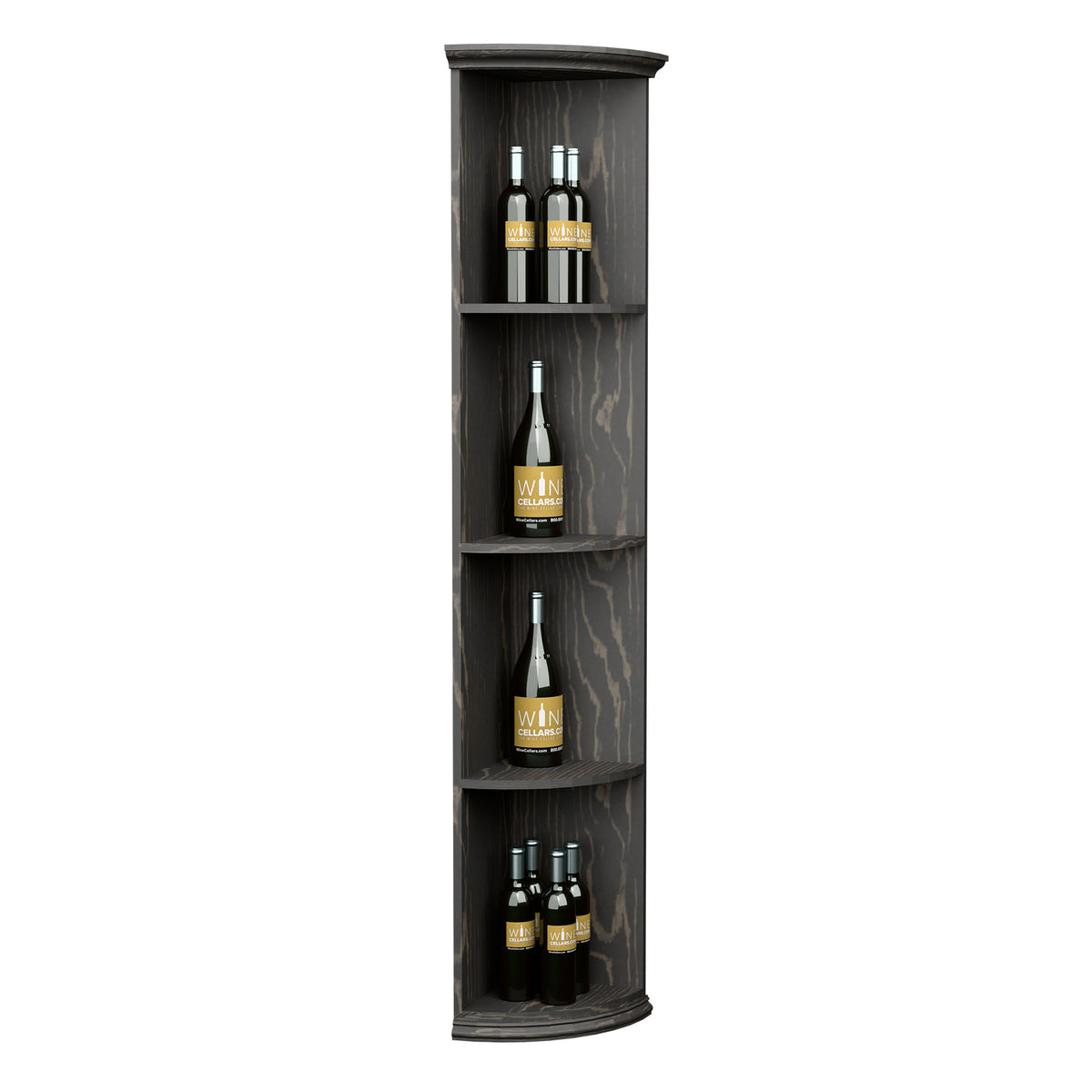 Tall quarter-round corner shelf in dark stained wood with three bottle compartments