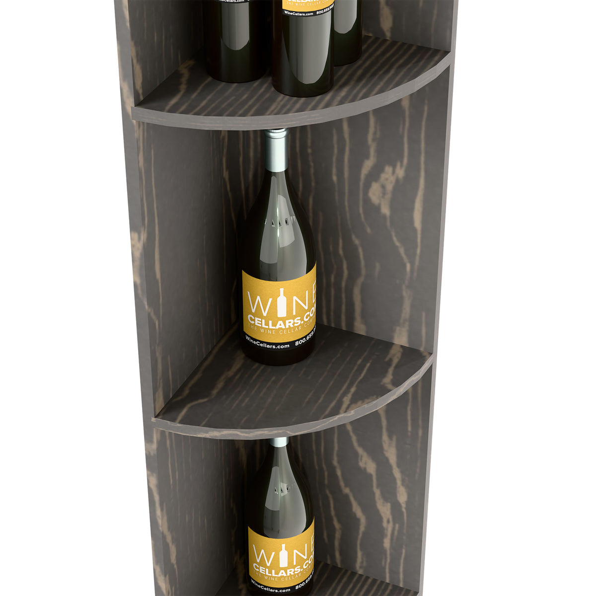 Dark quarter-round shelf with curved top and middle corner cubby holding a bottle