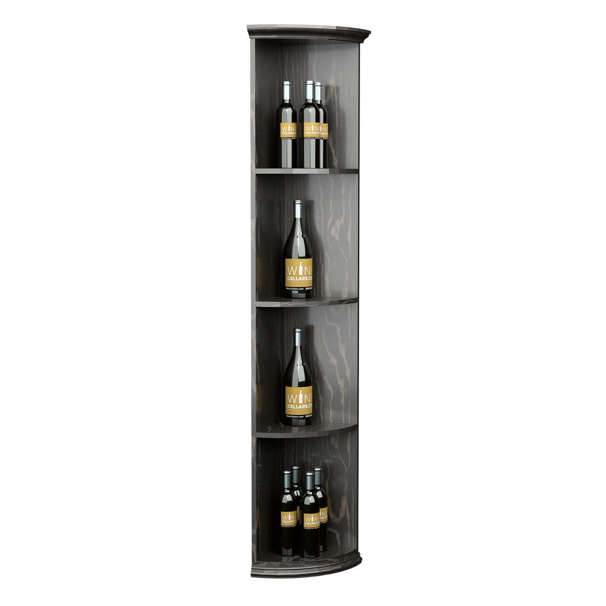 6 ft quarter-round corner shelf in dark stained wood with three open shelves and bottles