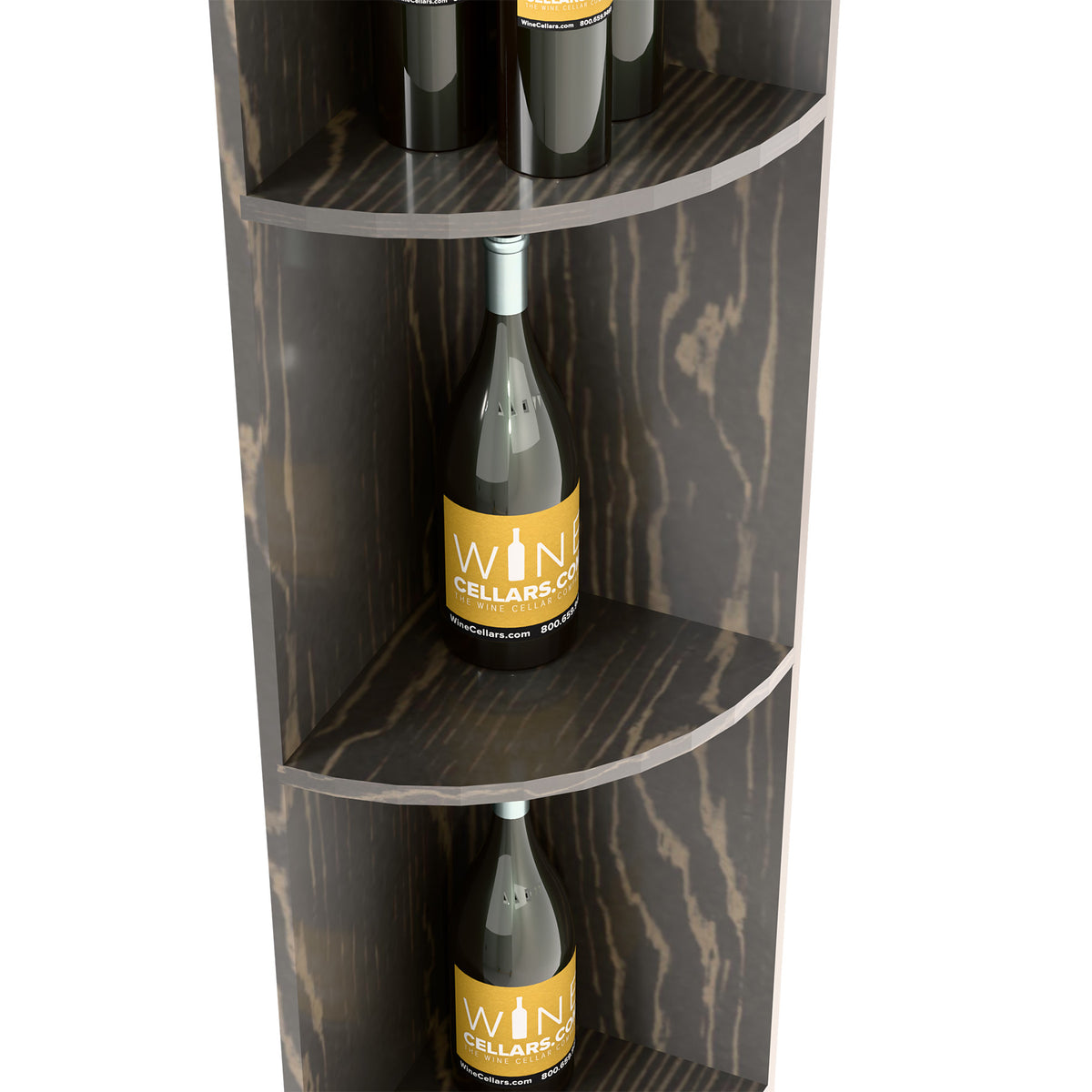 Close view of dark quarter-round corner shelf with curved cubbies and bottles