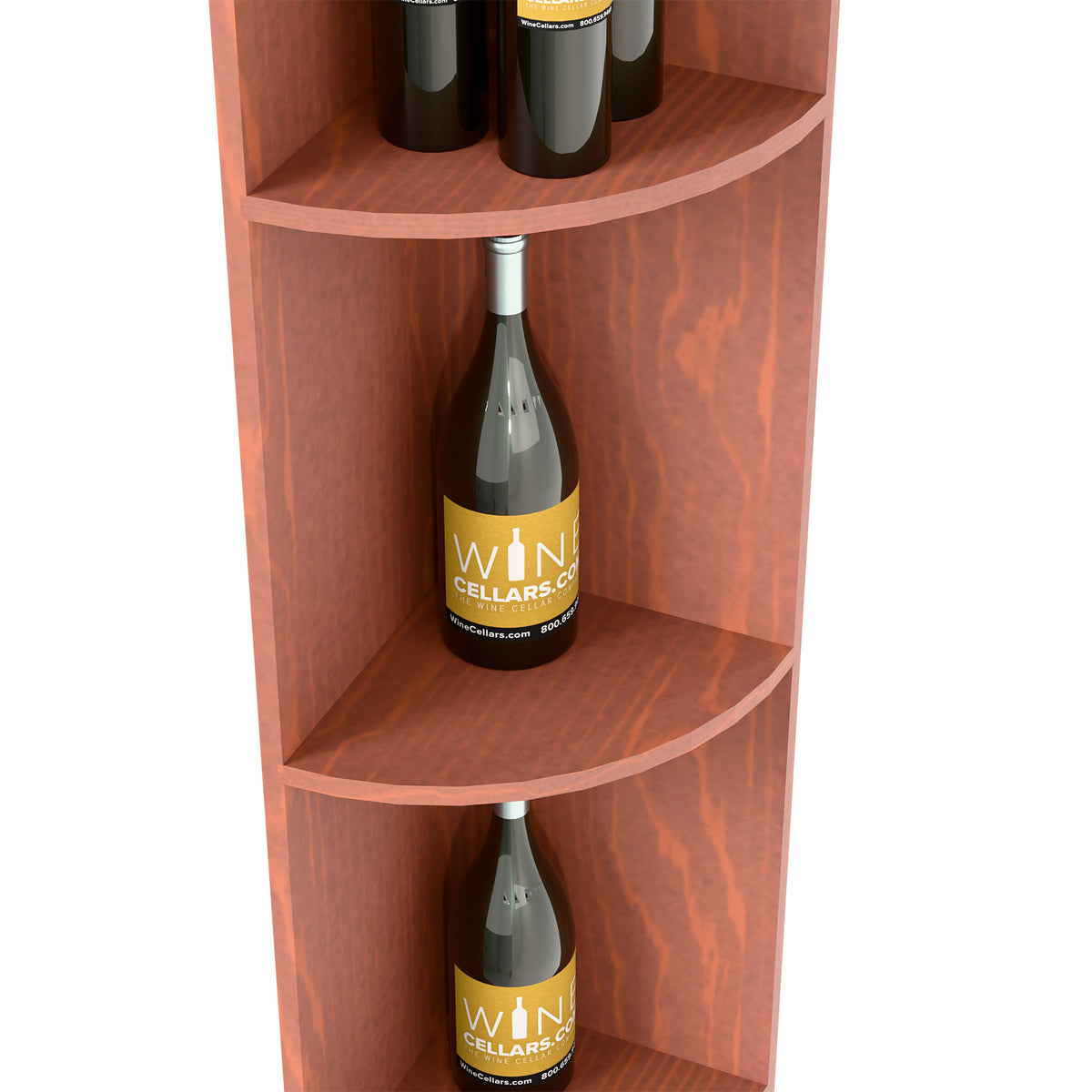 Warm wood quarter-round shelf with curved middle cubby and a bottle centerpiece