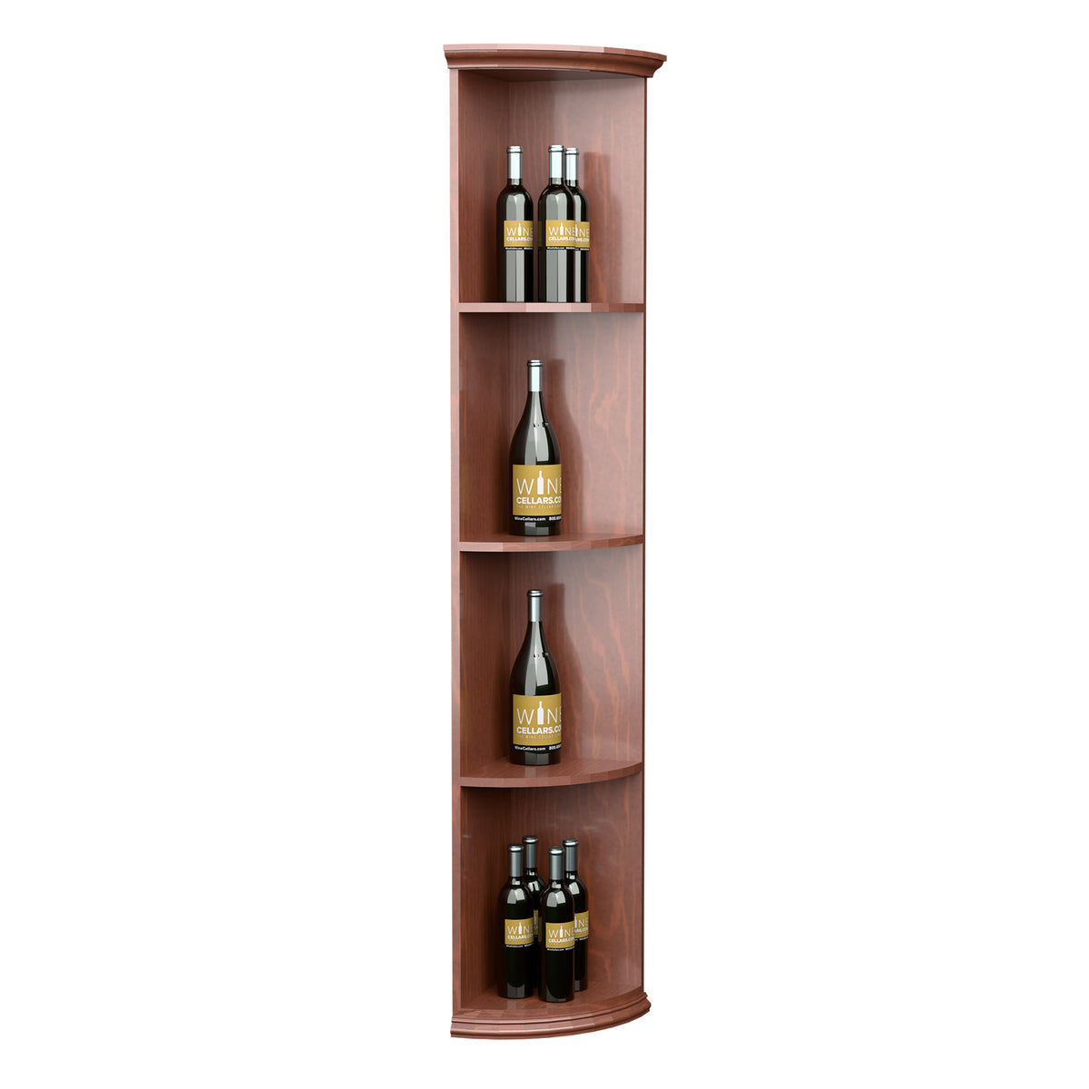Quarter-round corner shelf with round base in warm wood finish, three shelves with bottles
