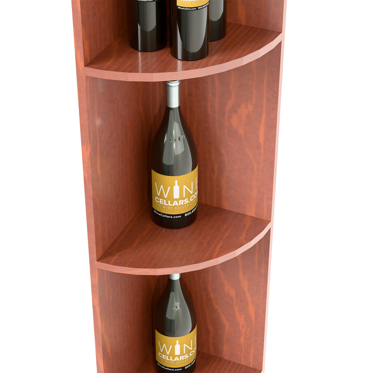 Close-up of warm wood quarter-round corner shelf with curved cubbies holding bottles