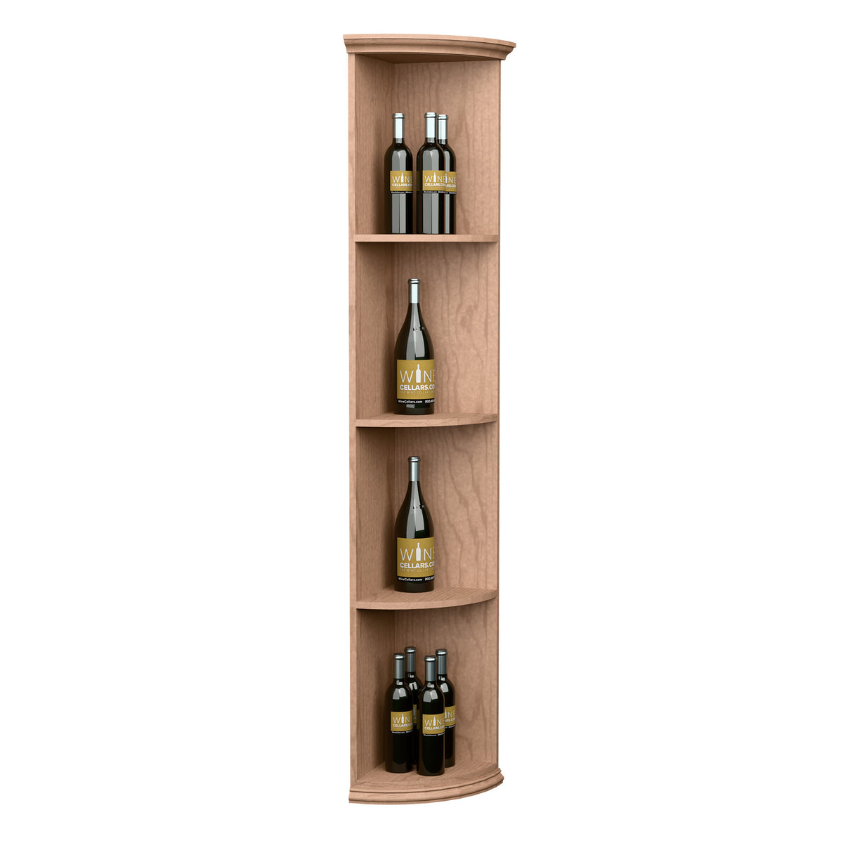 Light wood quarter-round corner shelf with three compartments for bottles and wine bottles
