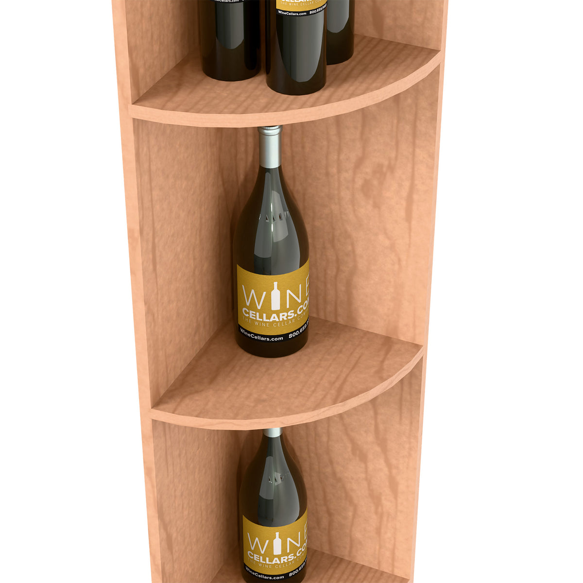 Close view of light wood quarter-round shelf with curved shelves holding bottles