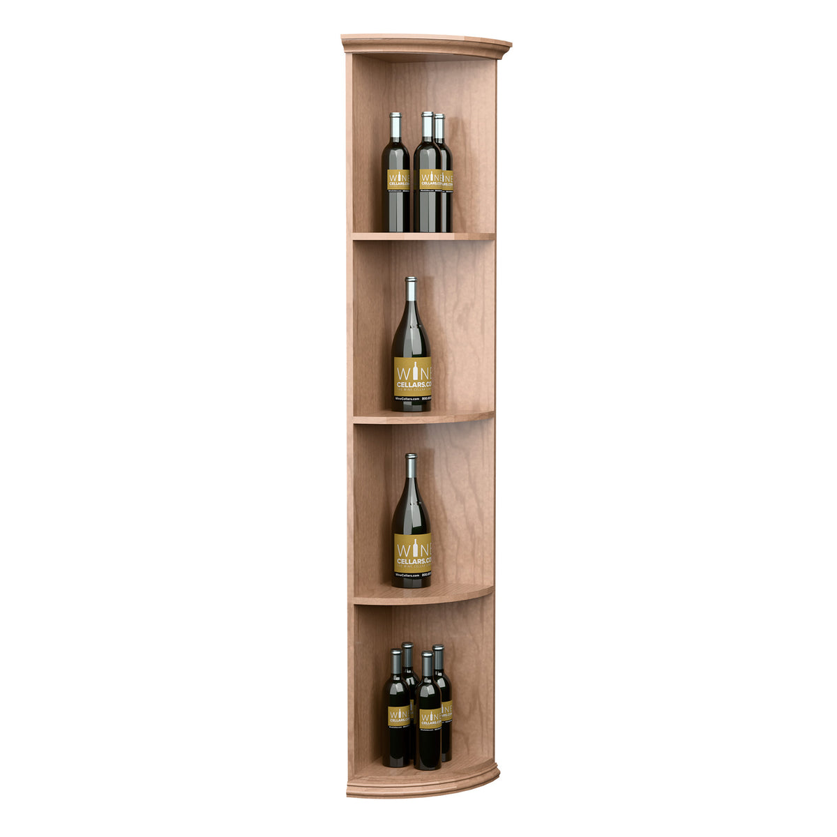 Wood quarter-round wine shelf with round base, 4 curved tiers; holds multiple bottles