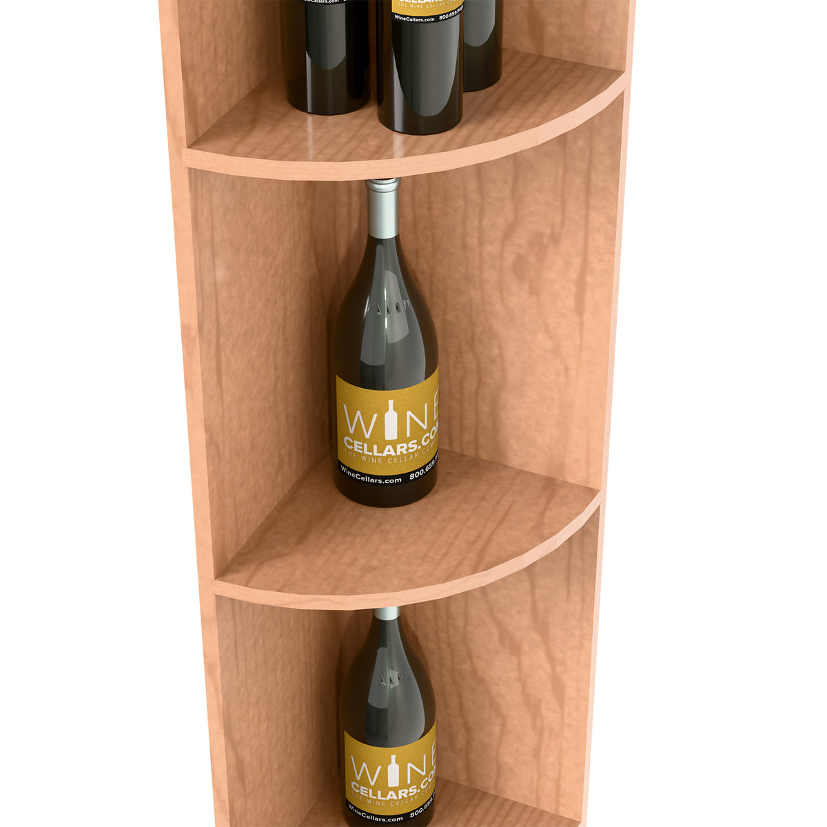 Wood corner wine shelf detail with curved cubby shelves and wine bottles on display