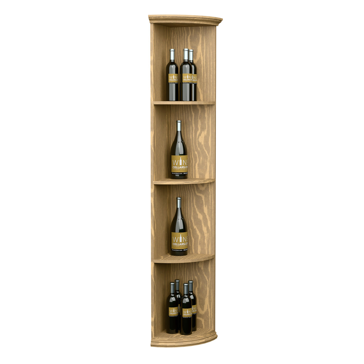 Quarter-round wooden wine shelf with round base, 4 curved shelves; upright bottle display