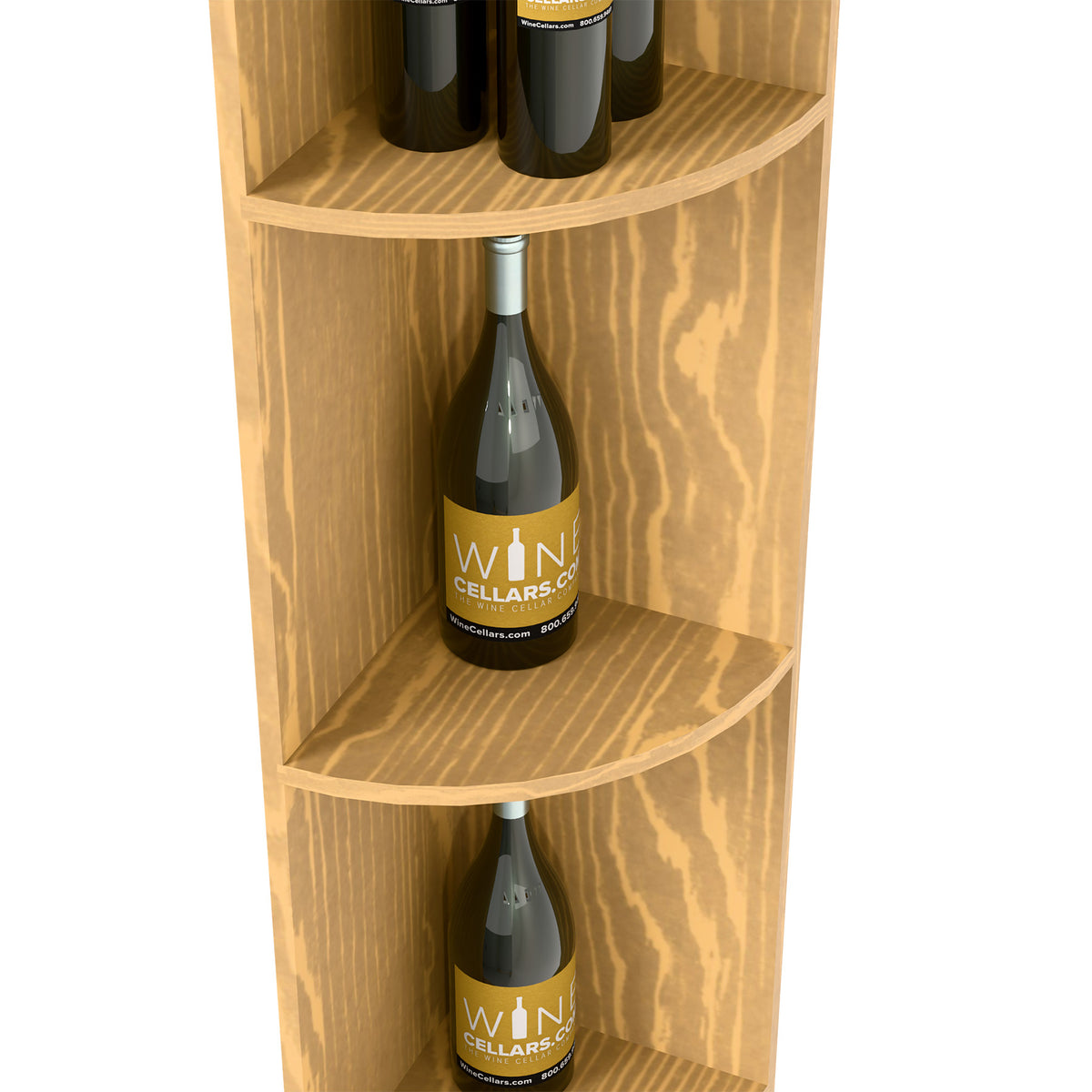 Quarter-round wine shelf close-up showing curved compartments with bottles inside