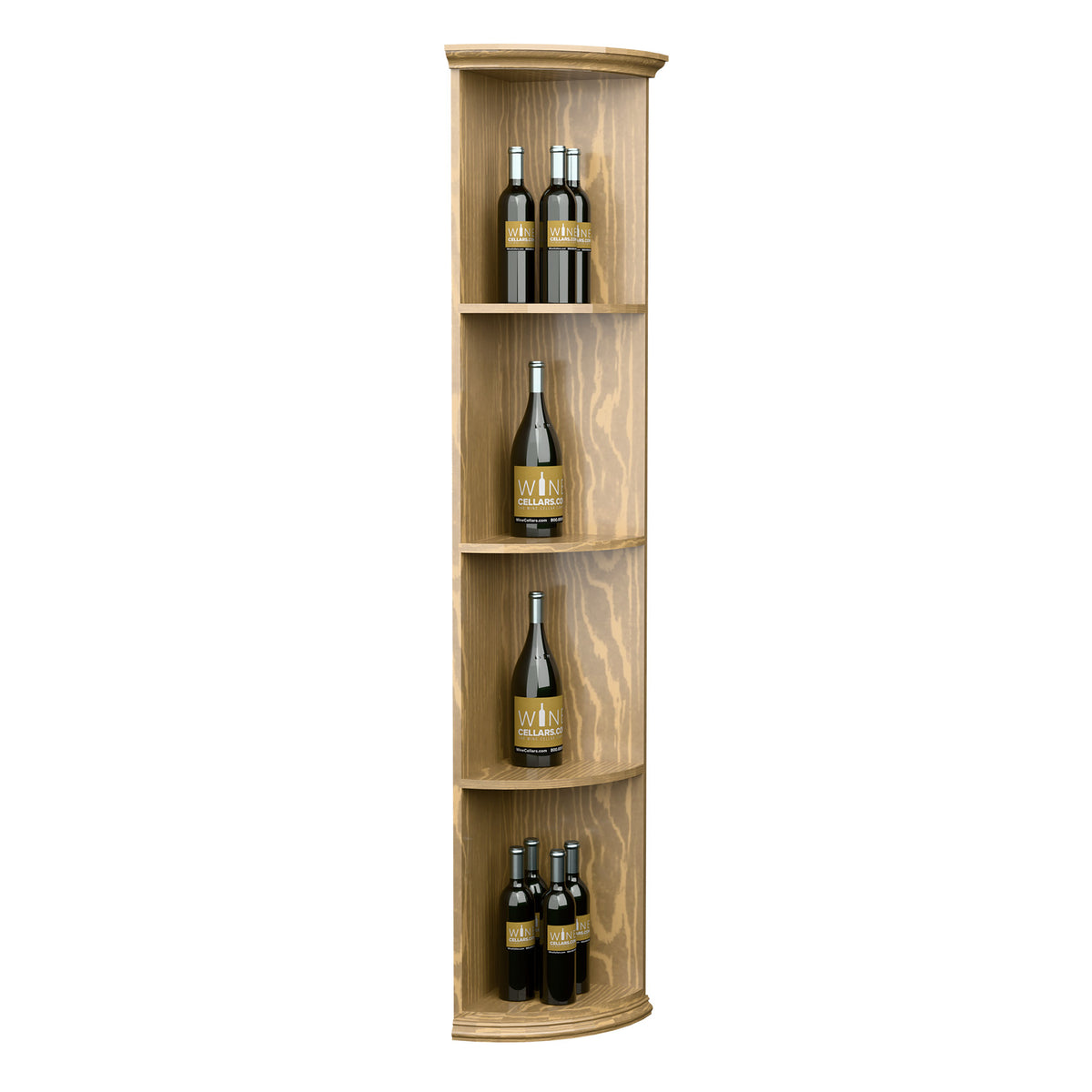 Tall quarter-round wooden wine shelf with round base, four curved bottle shelves