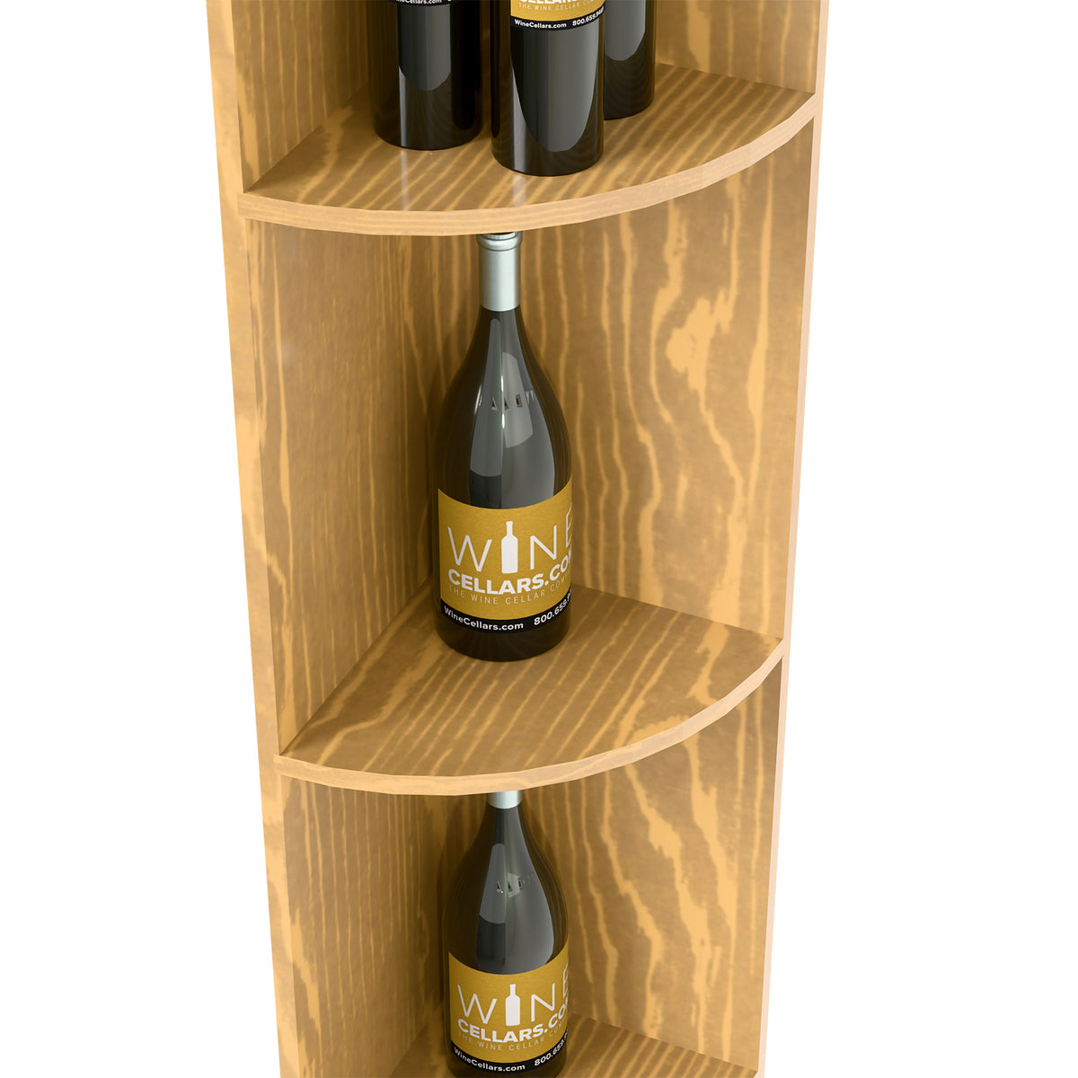 Close view of quarter-round wine shelf compartments with bottles and curved shelf fronts