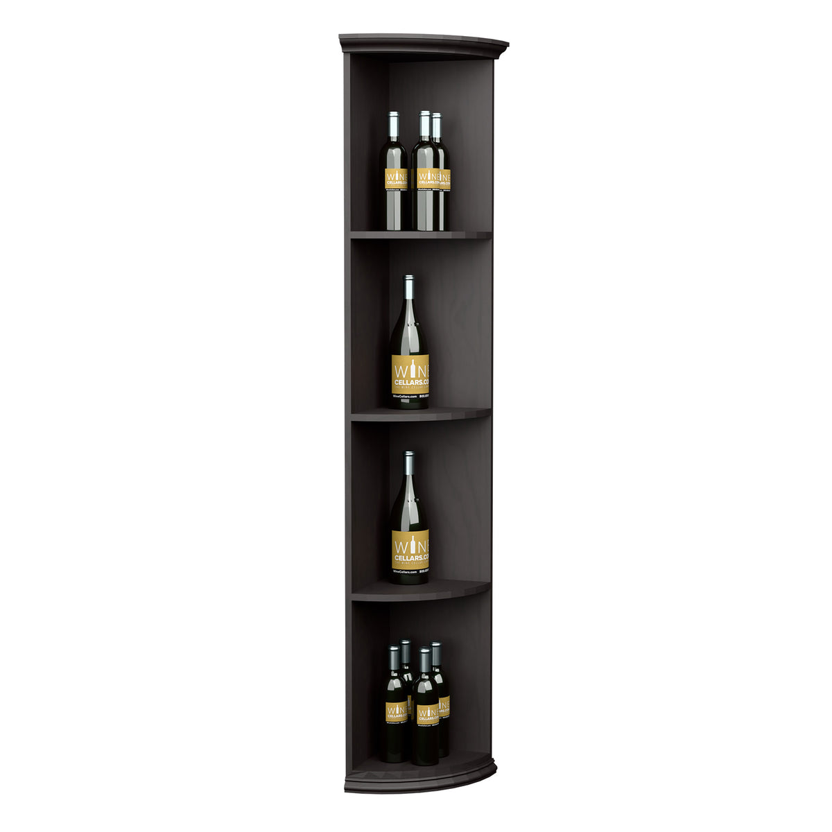 Black quarter-round wine shelf with round base, 4 curved tiers; holds bottles