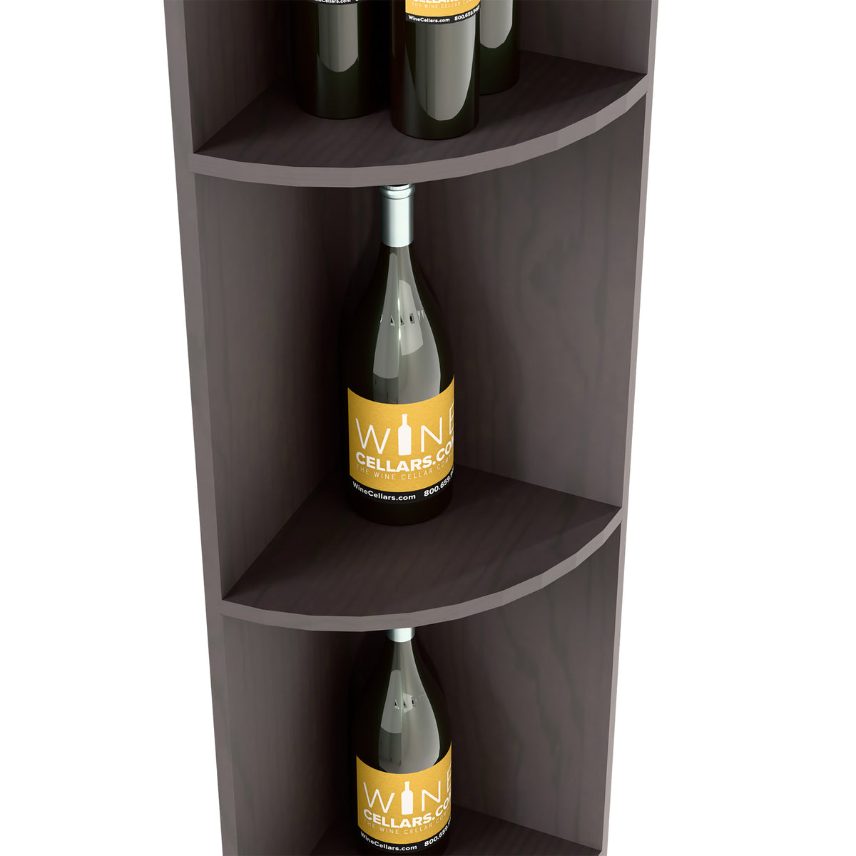 Black corner wine shelf close-up with curved cubbies and wine bottles on shelves