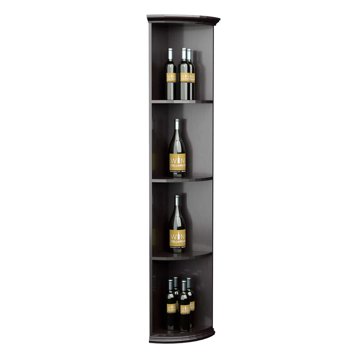 Black wooden quarter-round wine shelf with round base and four curved bottle shelves