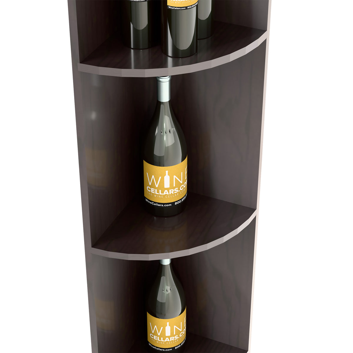 Black quarter-round wine shelf detail showing curved compartments with bottles
