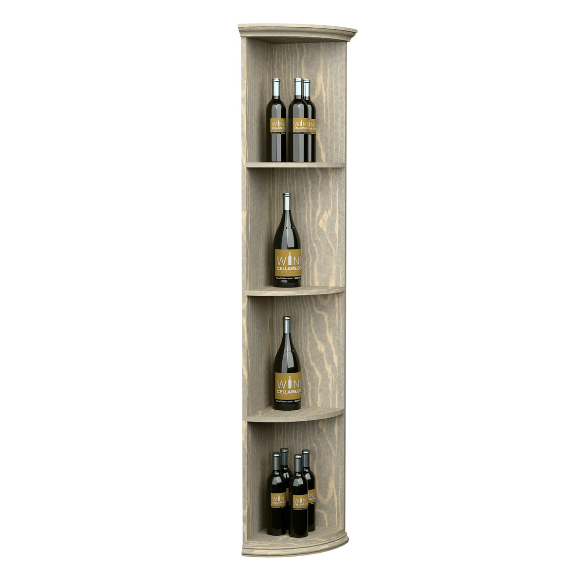 Quarter-round wood shelf with round base, tall curved compartments, light natural finish