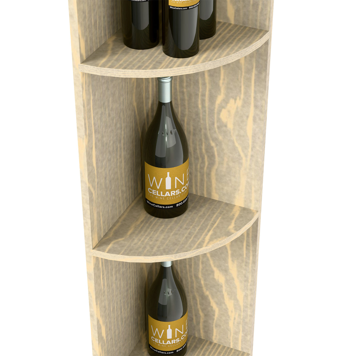 Quarter-round corner shelf with curved round tiers, light wood finish and bottle display