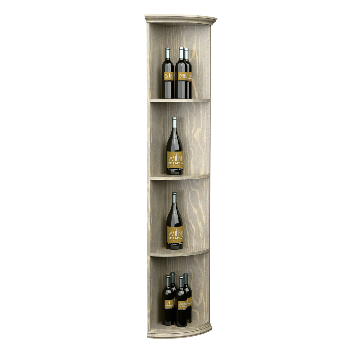 Quarter-round wood wine shelf with round base, tall curved slots, light natural finish