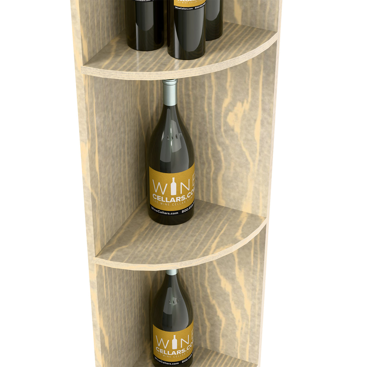 Quarter-round corner shelf with two curved round shelves, light wood finish and bottles