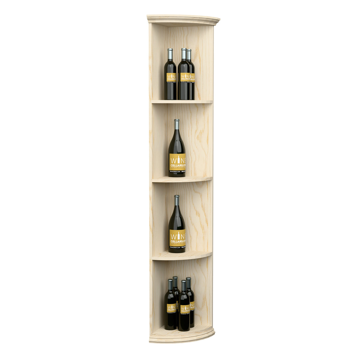 Quarter-round wood shelf with round base, slim tall design with curved compartments, pale finish