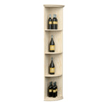 Quarter-round wood shelf with round base, slim tall design with curved compartments, pale finish
