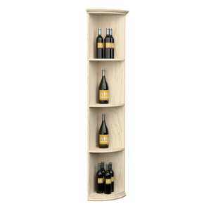 Quarter-round wood shelf with round base, slim tall design with curved compartments, pale finish