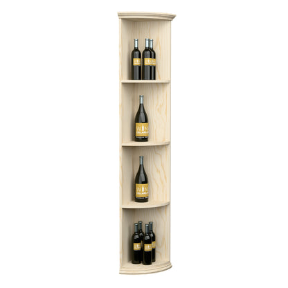 Quarter-round wood shelf with round base, slim tall design with curved compartments, pale finish