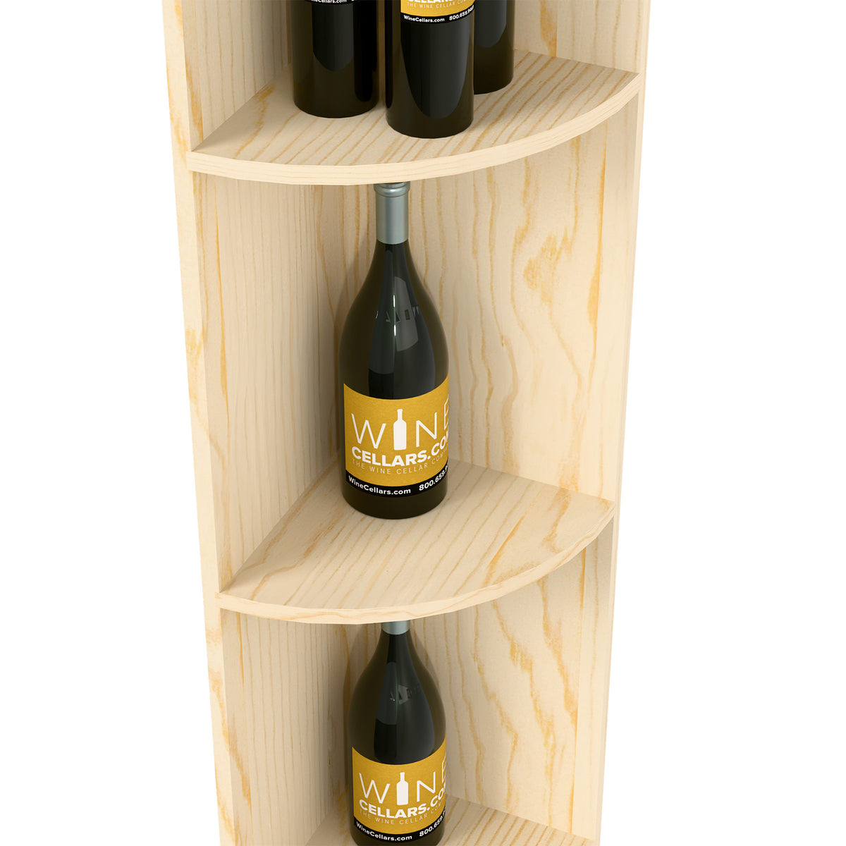 Quarter-round corner shelf with curved round tiers, pale wood finish and bottle storage