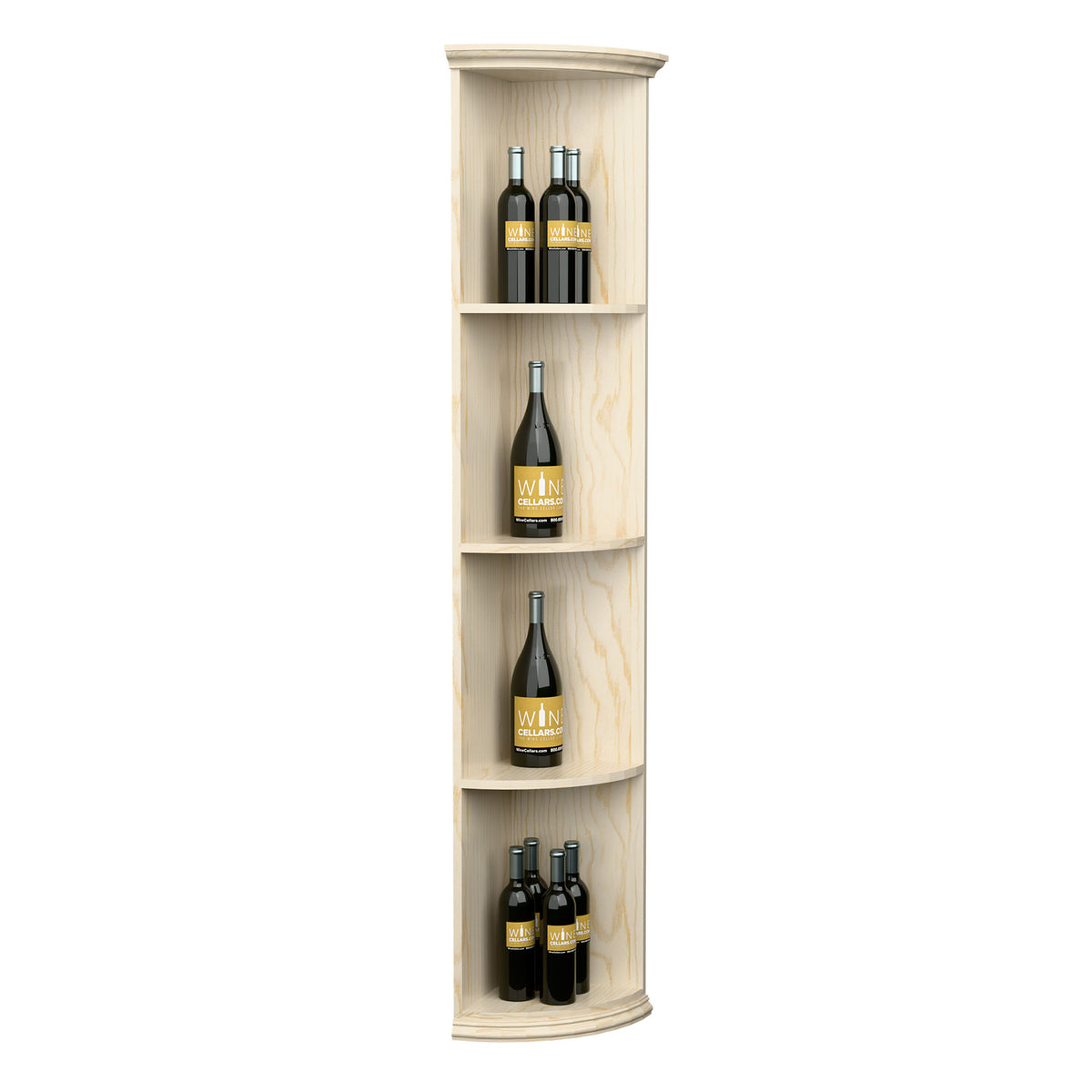 Quarter-round wood display shelf with round base, tall curved compartments, light wood tone