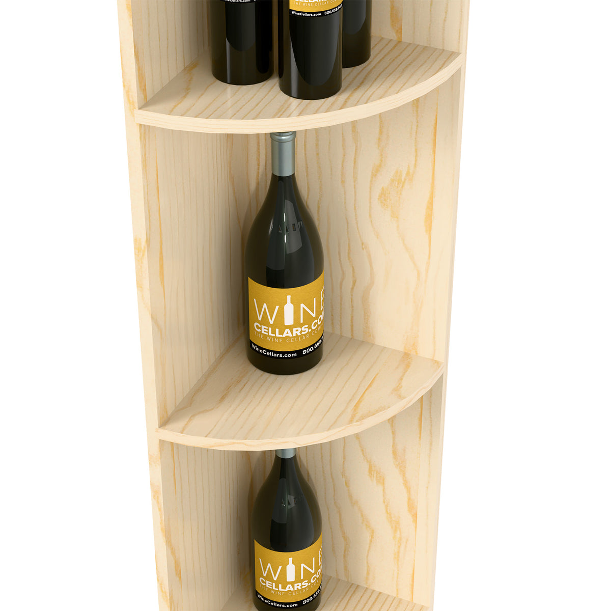 Quarter-round corner shelf with curved round shelves, light wood finish and bottle display