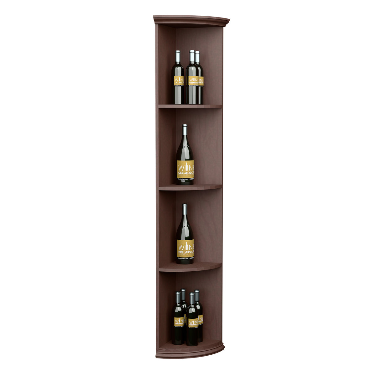 Quarter-round wood shelf with round base, tall curved compartments, dark brown finish